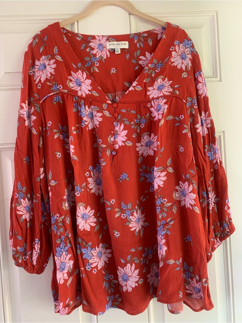 Skies Are Blue Red Floral Peasant Type Blouse